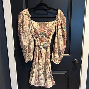 Pink and Tan Ruffled Tiered Long Sleeve Sundress